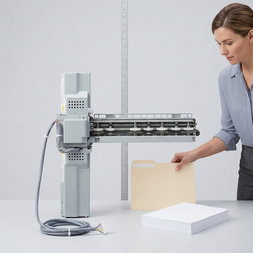 A high-resolution photograph on a clean, light grey studio background, featuring the Xerox 2/3 Hole Punch (MPN: 497K03860) resting vertically on its base beside a standard 12-inch office ruler and a stack of a dozen standard A4 paper reams, with soft, realistic lighting highlighting the punch's mechanical details and plastic/metal textures.