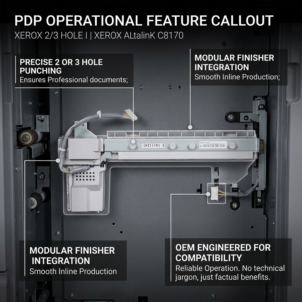 A polished PDP graphic shows the Xerox hole punch installed in an AlmaLink C8170, with clean pointer lines highlighting its precise operation and seamless integration.
