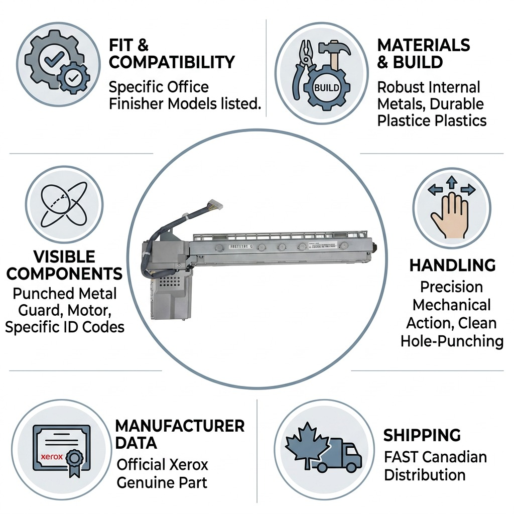 Trust infographic for a Xerox hole punch unit, featuring factual product cues and Canadian shipping.