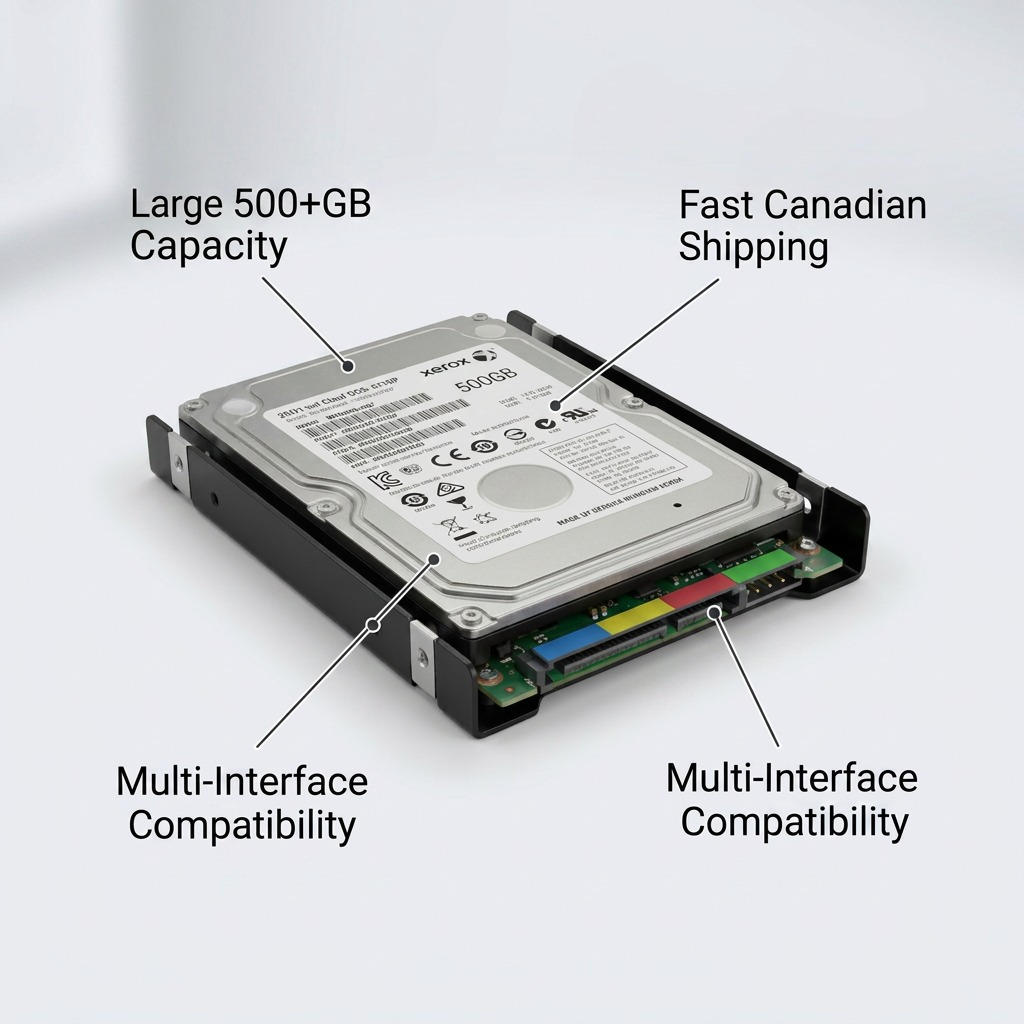 The image displays an exploded view of a 2.5-inch SATA hard drive from Xerox positioned as and marked with the label Xerox Hard Disk with a capacity exceeding 500GB. Key features are highlighted in call-out labels connected to specific parts of the drive. The text is crisp and factual. It features minimal overlay labels and clean lines with a neutral product-focused eCommerce styling under realistic lighting and clean background.
