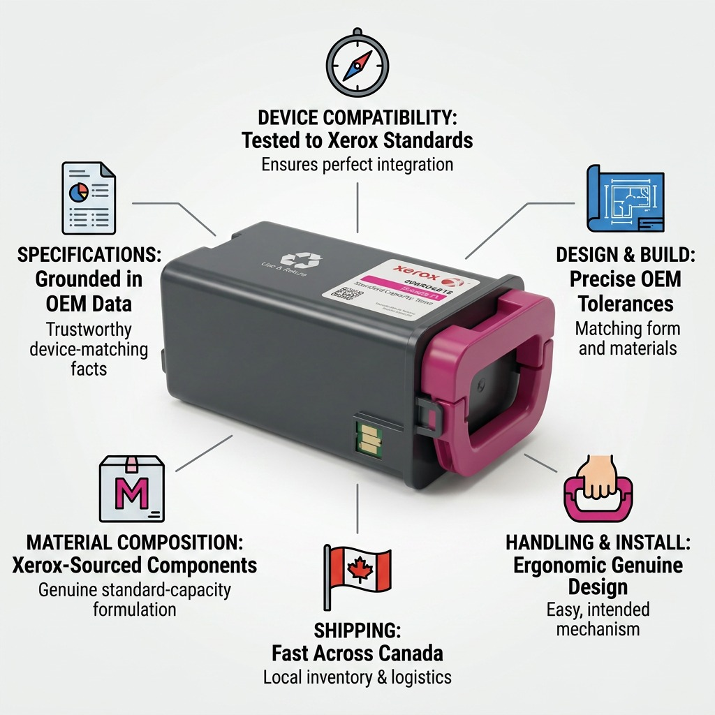 Infographic of Xerox 006R04618 magenta toner with icons for specs, compatibility, build, handling, and Canadian shipping.