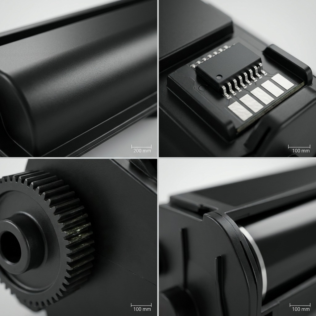 Macro photograph of the Xerox 006R04391 Print Cartridge contacts, gears, and a black texture detail.