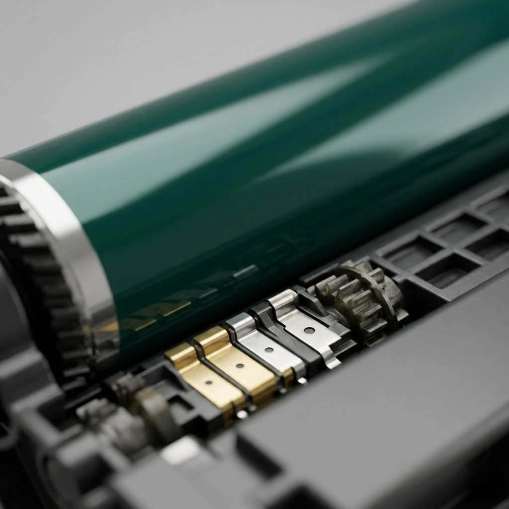A macro photo of the green drum and gold connector pins in a Xerox C310 imaging kit (MPN: 013R00689).