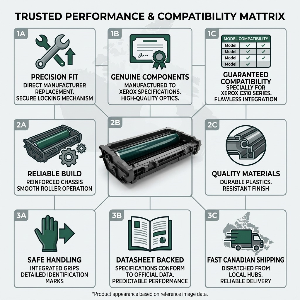 Infographic matrix for the Xerox Genuine Black Imaging Kit, featuring technical data and shipping information.