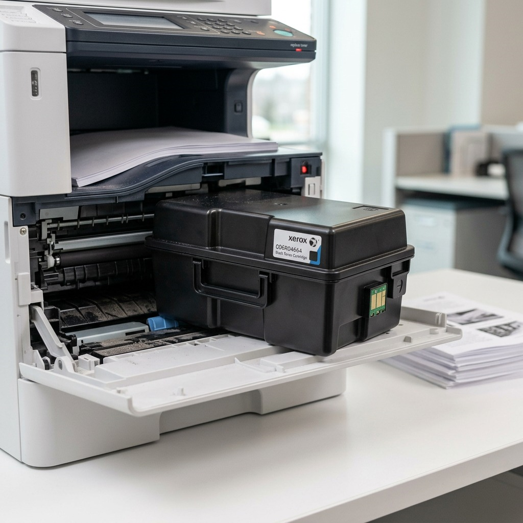 A photo of the Xerox 006R04664 high capacity black toner cartridge on a modern office printer.