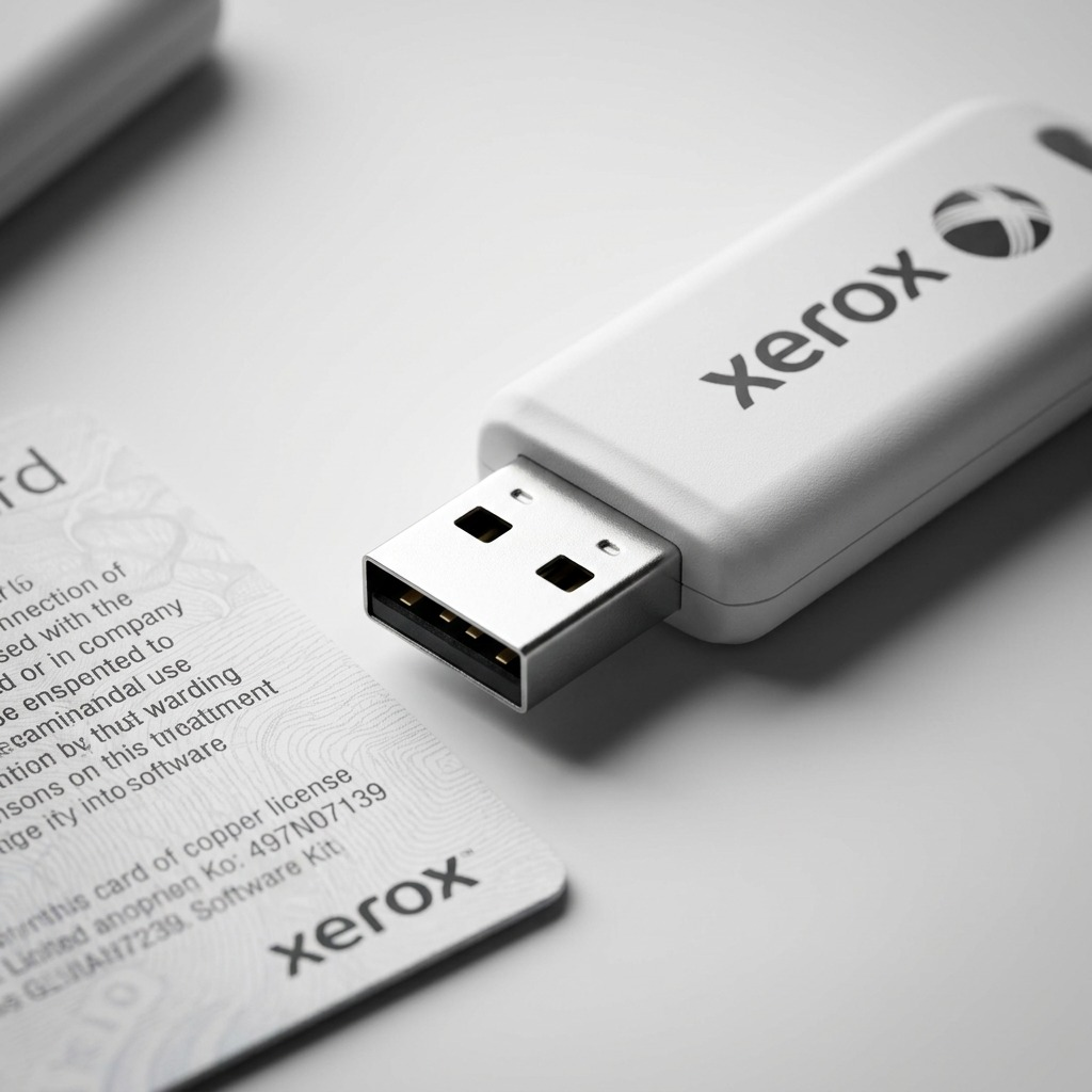 Extreme close-up of a white Xerox-branded key and data card showing textures and connectors
