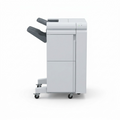 A high-resolution product shot of the Xerox BR Finisher W/ 2/3 Hole Punch, a white, wheeled commercial printing module, from a side profile on an all-white background.