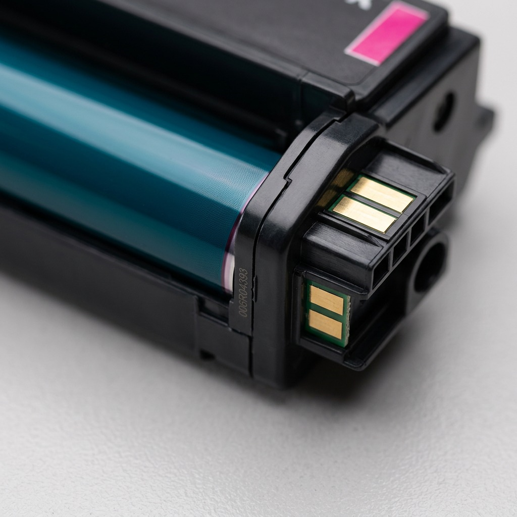 Extreme macro view showing the precise alignment of the magenta print drum and electrical contact point on the Xerox cartridge.