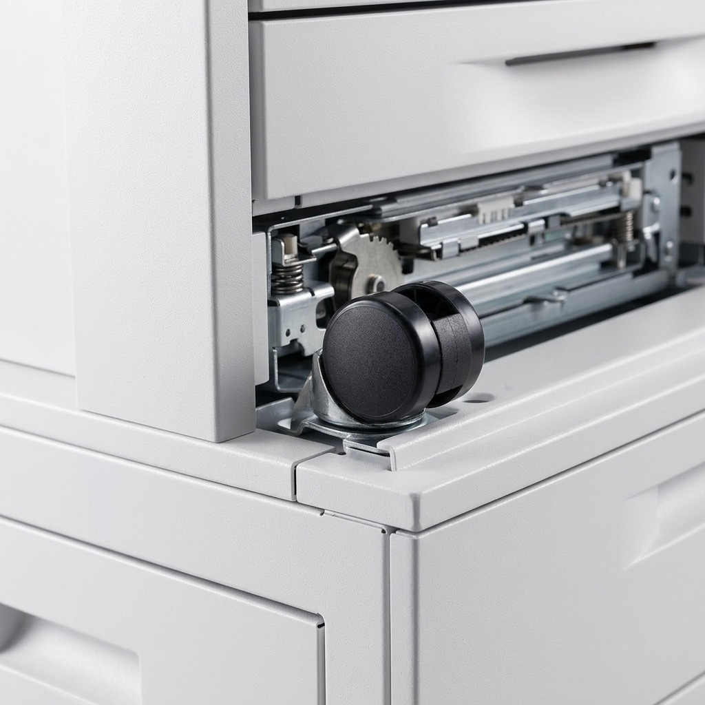 Macro view of a Xerox stand's caster and internal guide mechanism.