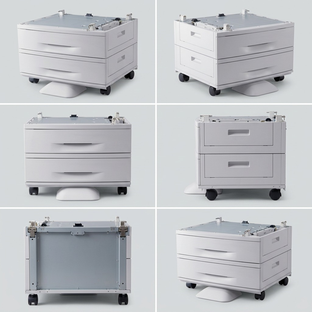 A six-panel visual matrix showing the multi-tray rolling stand from different perspectives and isometric angles.