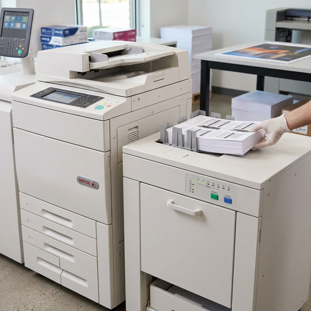 A professional photo of the Xerox High Capacity Stacker, next to an active production printer, integrated in a bustling print room scene. Direct human interaction with the paper tray shows its active use. There is no on-image text and the lighting is natural and even.