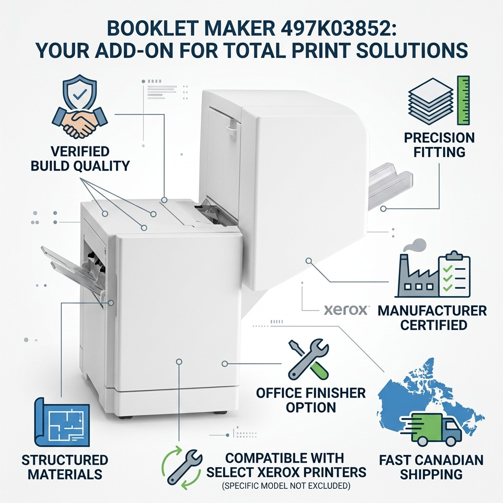An ecommerce infographic visual matrix building trust and authority for a Xerox Booklet Maker accessory.