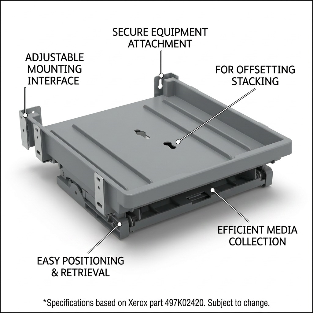 A polished e-commerce graphic for the Xerox 497K02420 Offsetting Catch Tray, featuring clean callout lines and short text describing key operational benefits like secure attachment, easy positioning, and efficient data collection.