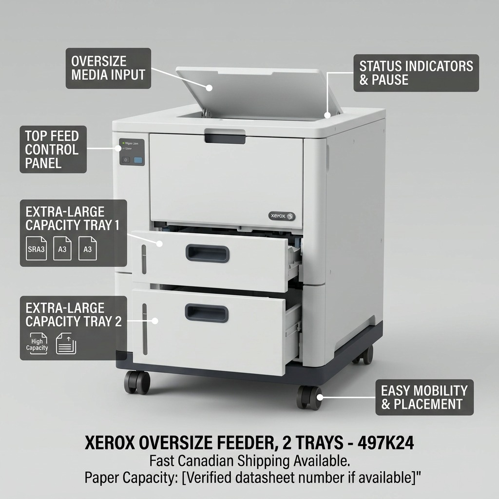 An ecommerce feature diagram with pointers to key parts of the Xerox 497K24 feeder, highlighting its two large tray capacity for oversize media.