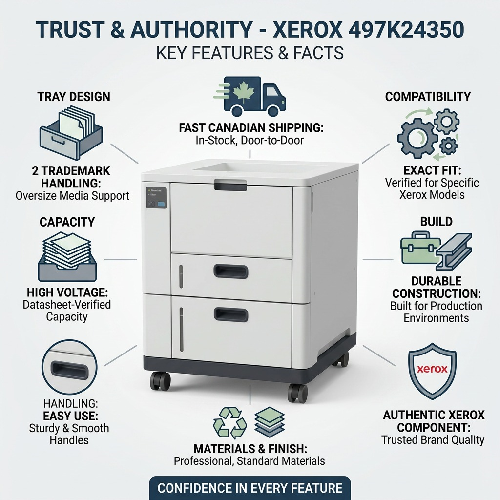 Infographic for the Xerox 497K24 feeder, highlighting trust and key features with clear icons.