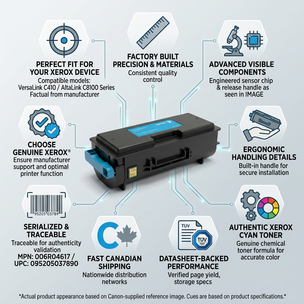 Infographic matrix detailing trust in Xerox 006R04617 toner, highlighting build, fit, and speed.
