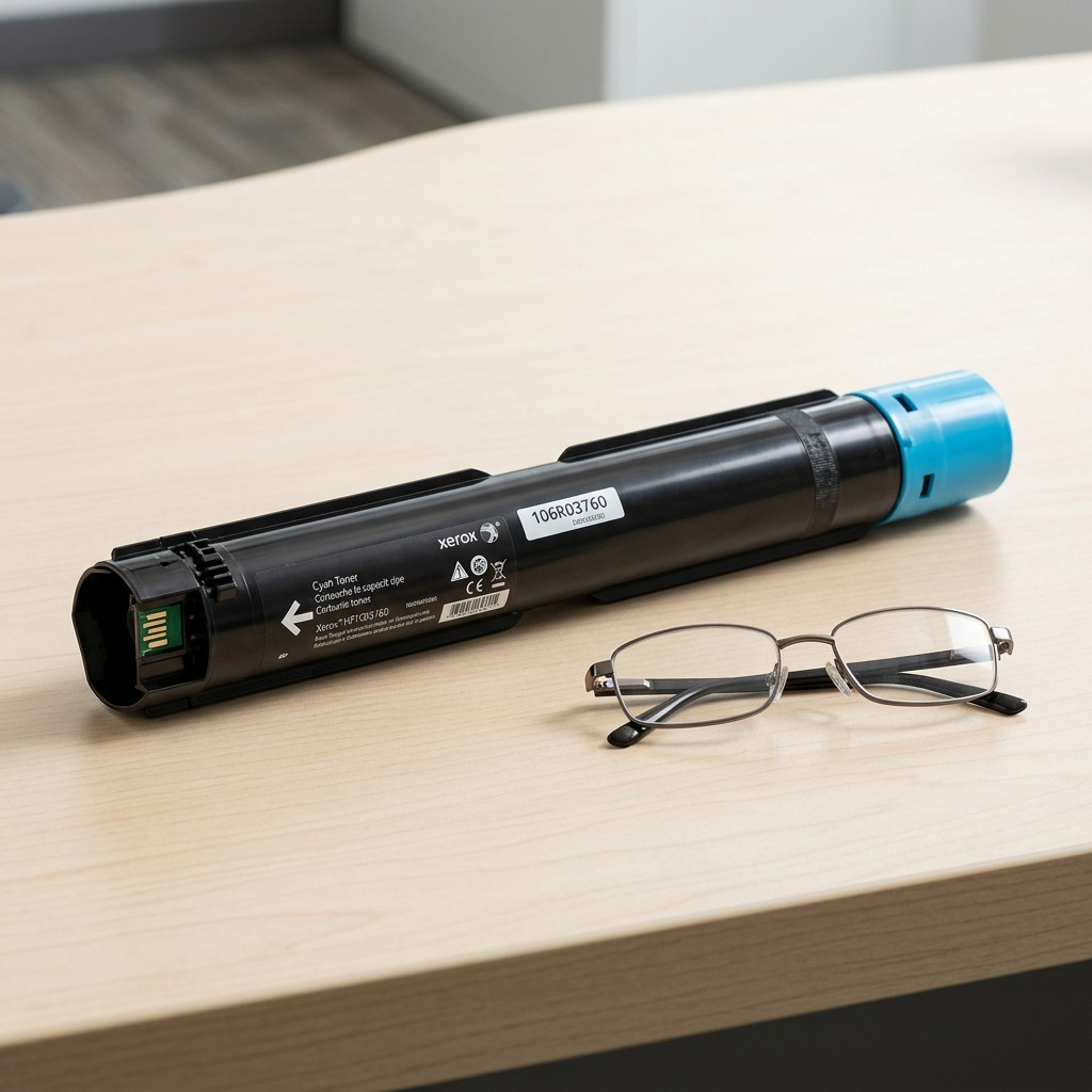 Scale reference photo for Xerox 106R03760 toner cartridge, showing real-world size.