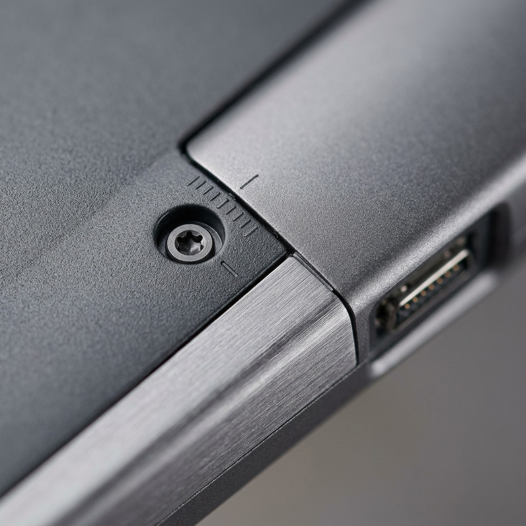 Extreme close-up macro photo of a textured grip, material seam, and miniature screw on a gray product chassis.