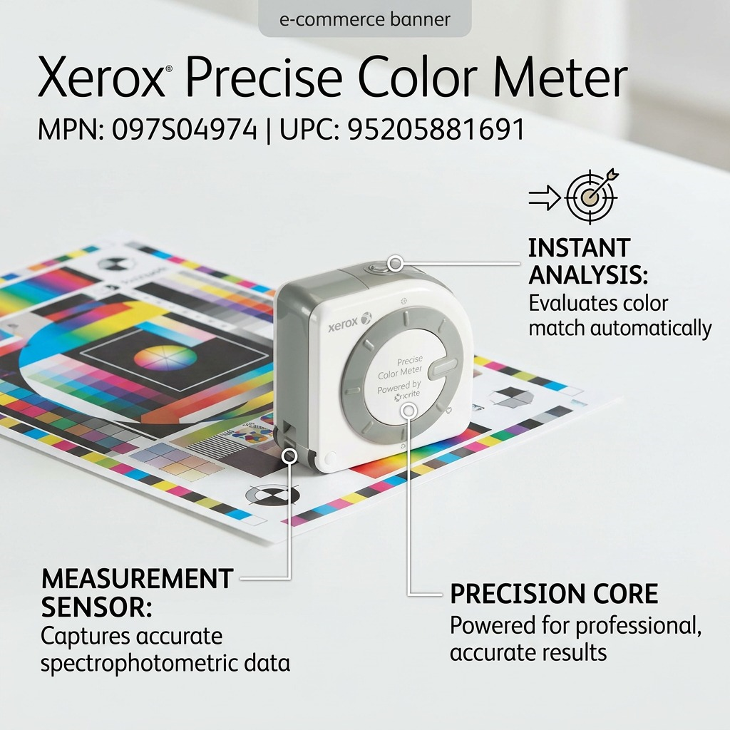 A Xerox Precise Color Meter e-commerce image highlighting its measurement sensor, precision core, and instant analysis features.
