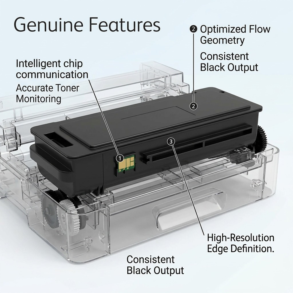Diagram of a genuine Xerox black cartridge 106R03500 showing key operational features and benefits.