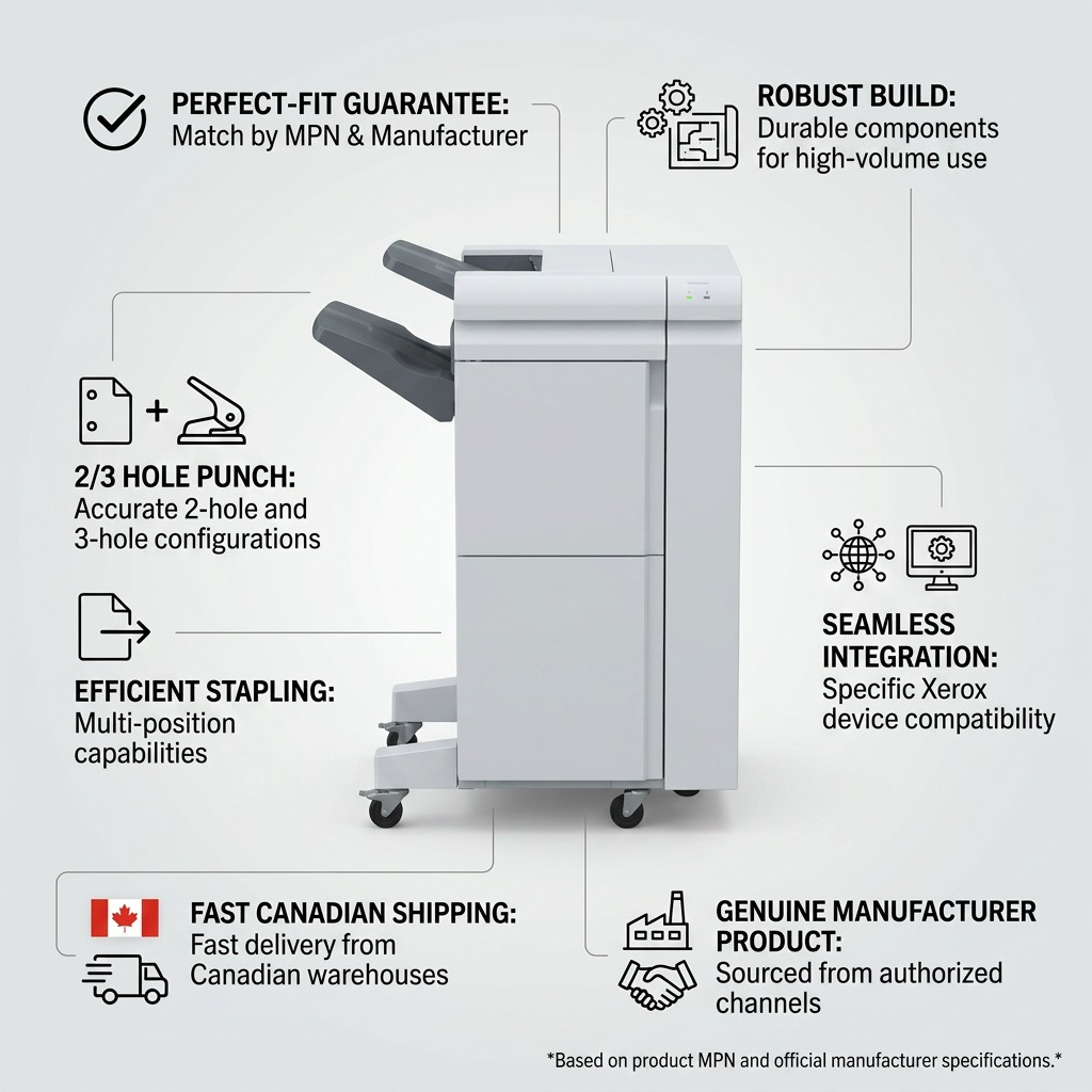 Infographic of Xerox 097S05024 BR Finisher, highlighting genuine performance, direct fitment, and robust build for high-volume use.