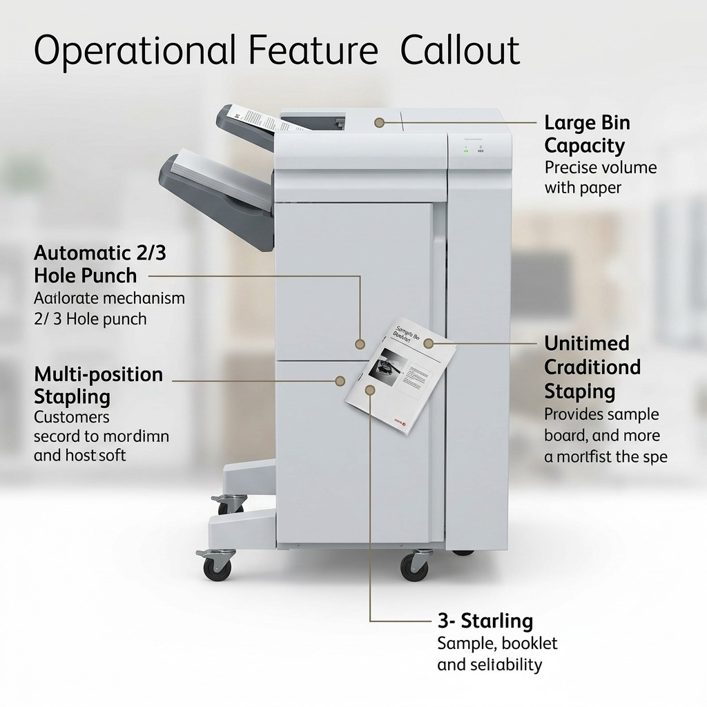 A feature graphic of the Xerox BR Finisher with clear, concise labels and icons highlighting key operational benefits such as high-volume stapling and dual-position hole punching, against a clean white background.