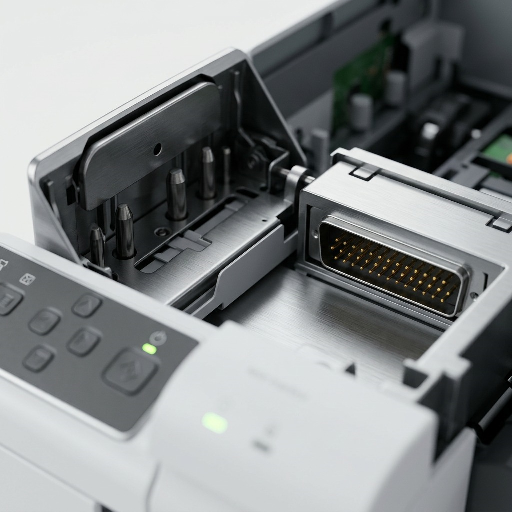 Macro detail of the metal hole-punch pins and internal connectors within the Xerox BR Finisher.